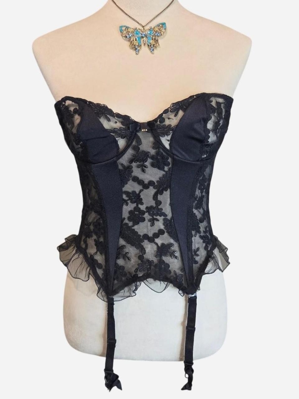Vintage Euro Liberti Italian Black Satin Mesh Ruffle Corset Bustier Garter Top S